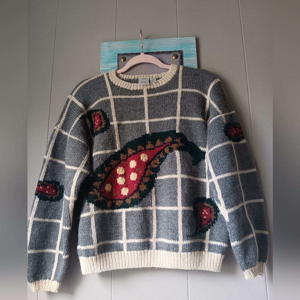 80's J.G Hook Wool Paisley Check Sweater Size M⚘️